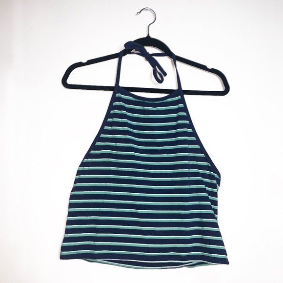Navy, Seagreen and White Striped Halter Top - Picture 4 of 6